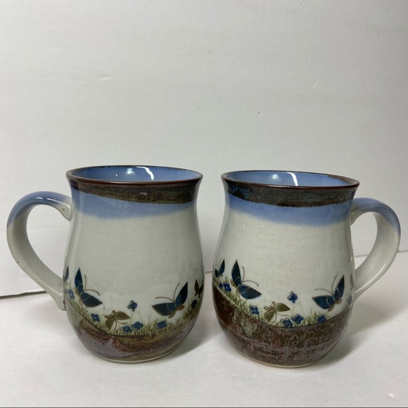 Vintage Other - Vintage Set Of 2 Butterfly Pottery Stoneware Mugs Cups Blue Flowers Floral